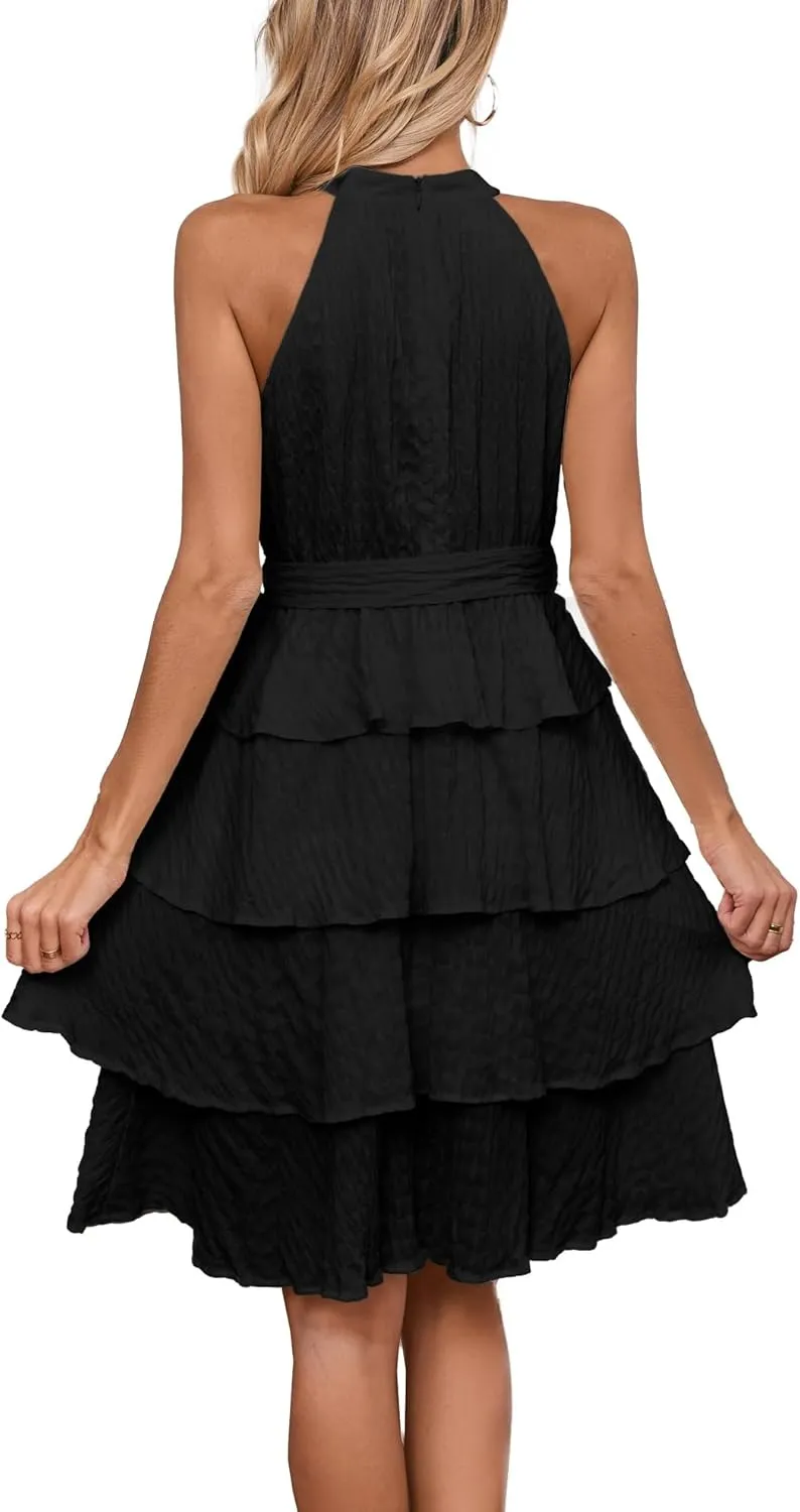 Womens Casual Summer Sleeveless Halter Neck Layered Ruffle A Line Mini Dress with Belt