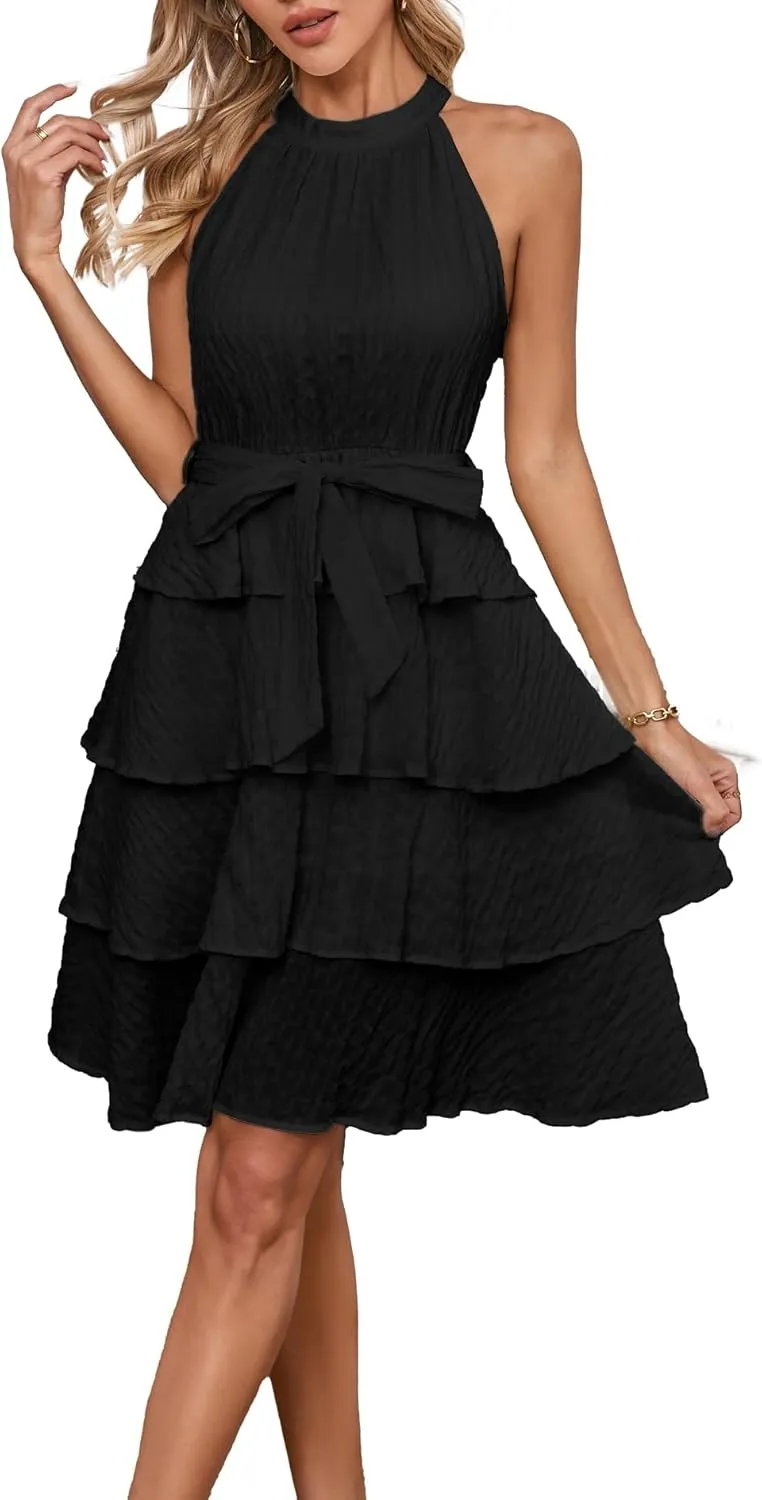 Womens Casual Summer Sleeveless Halter Neck Layered Ruffle A Line Mini Dress with Belt