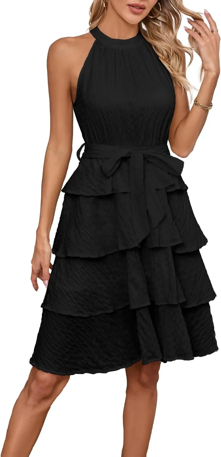 Womens Casual Summer Sleeveless Halter Neck Layered Ruffle A Line Mini Dress with Belt