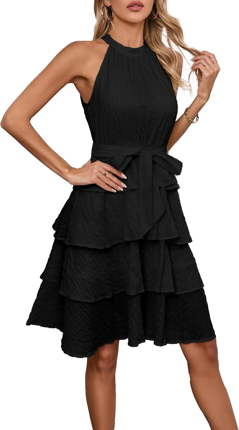 Womens Casual Summer Sleeveless Halter Neck Layered Ruffle A Line Mini Dress with Belt