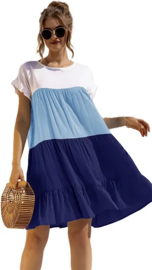 Women's Colorblock Short Sleeve Loose Fit Tiered Ruffle Pleated Baby Doll Mini Dress