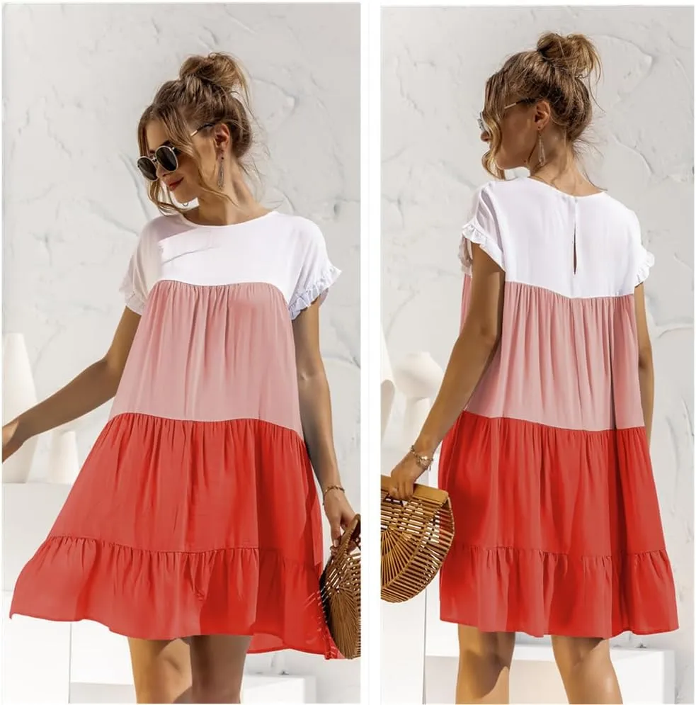 Women's Colorblock Short Sleeve Loose Fit Tiered Ruffle Pleated Baby Doll Mini Dress