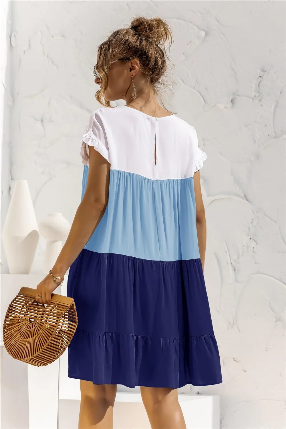 Women's Colorblock Short Sleeve Loose Fit Tiered Ruffle Pleated Baby Doll Mini Dress