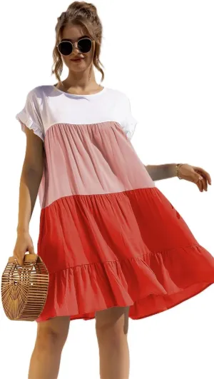 Women's Colorblock Short Sleeve Loose Fit Tiered Ruffle Pleated Baby Doll Mini Dress