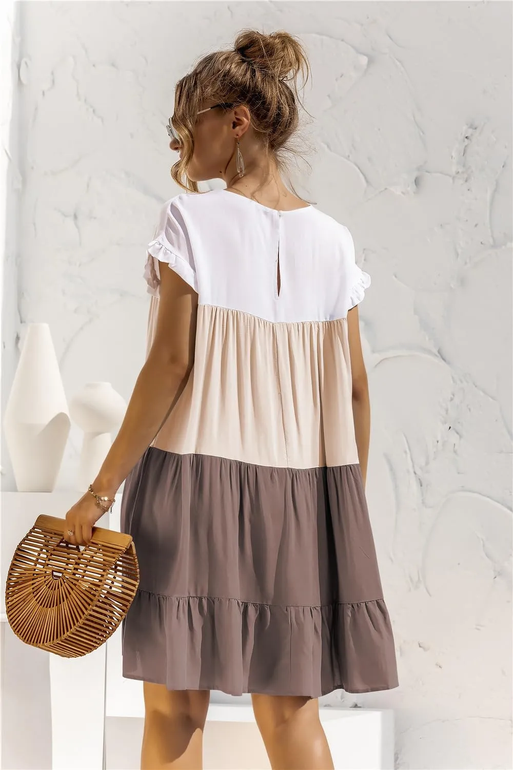 Women's Colorblock Short Sleeve Loose Fit Tiered Ruffle Pleated Baby Doll Mini Dress