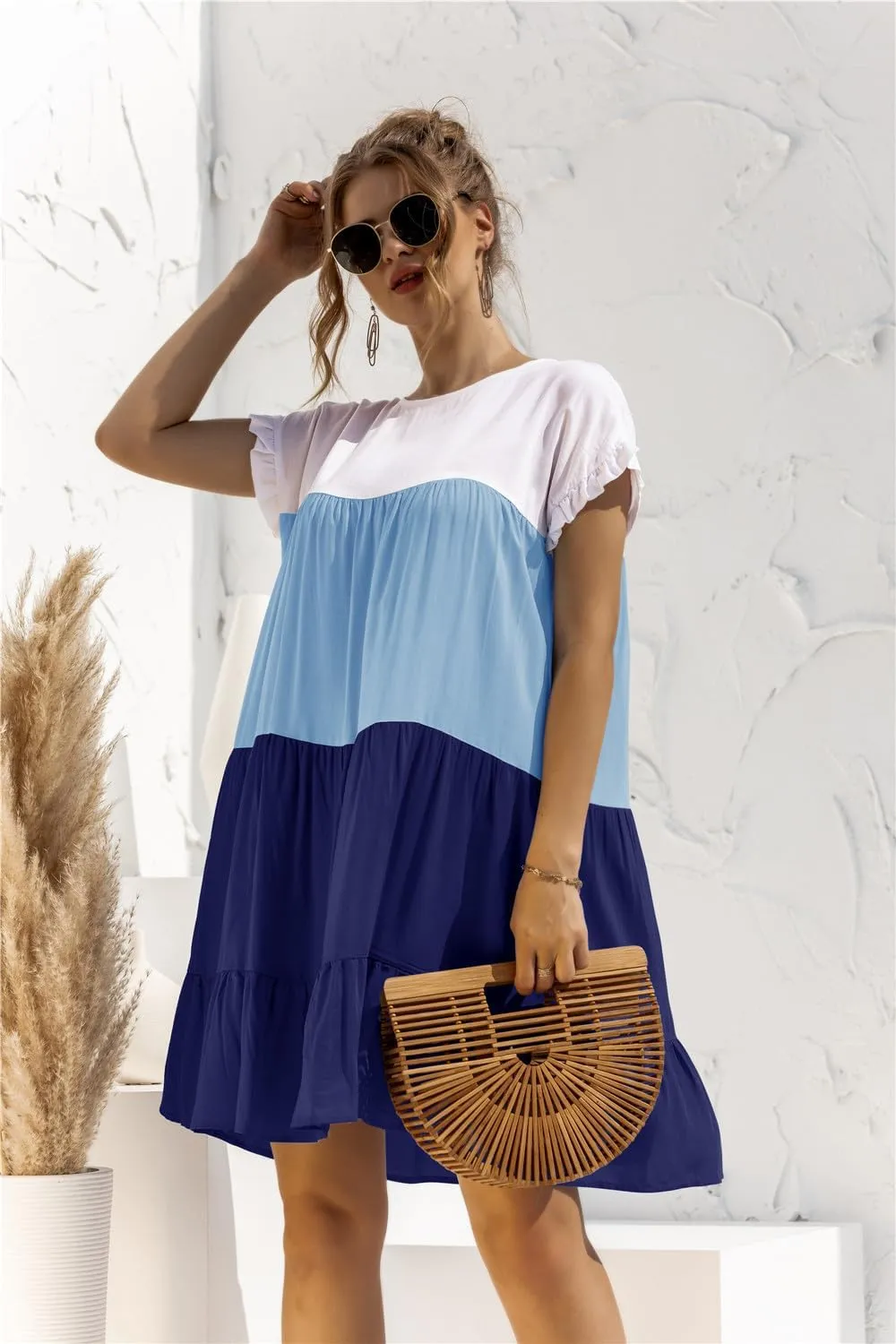 Women's Colorblock Short Sleeve Loose Fit Tiered Ruffle Pleated Baby Doll Mini Dress