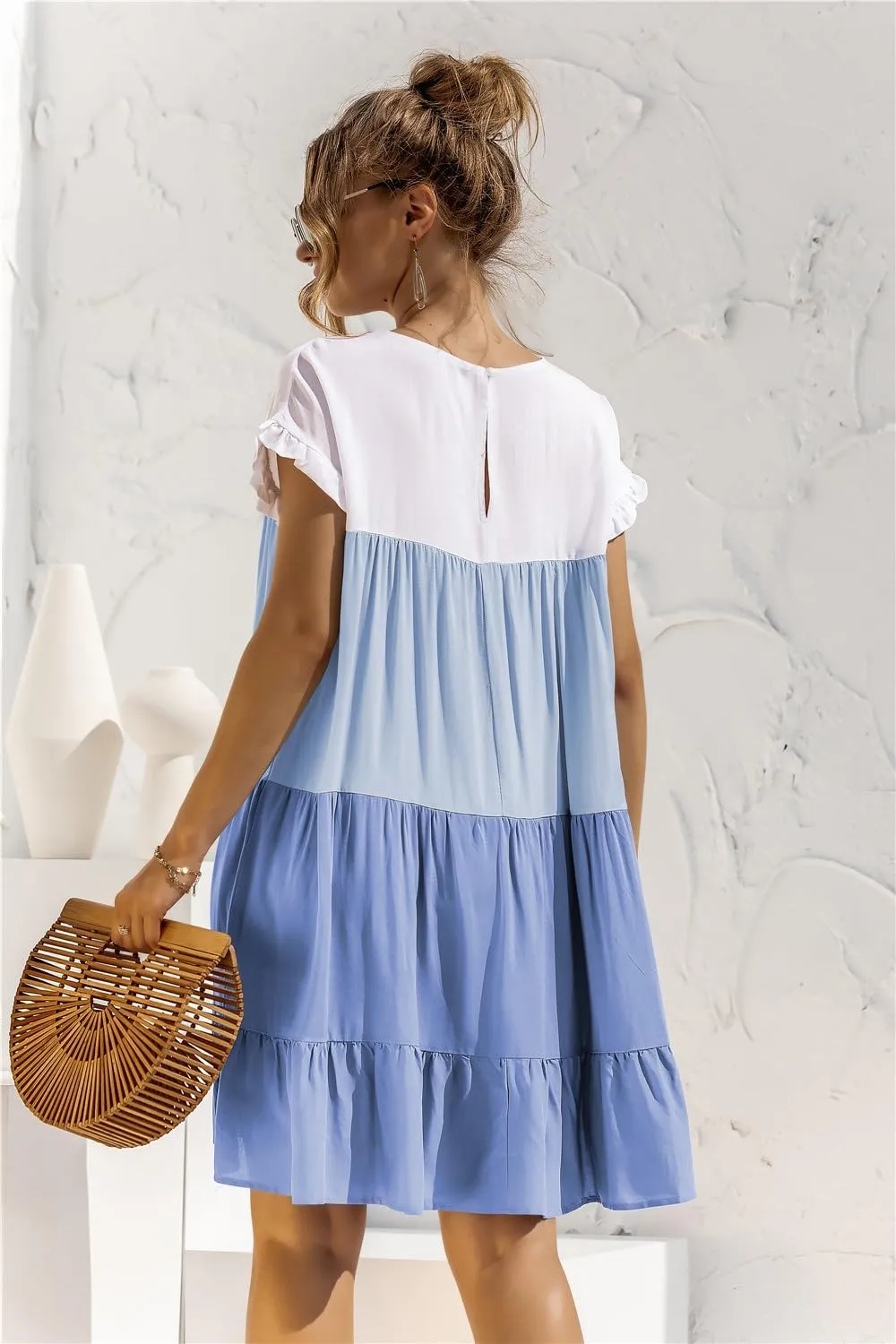 Women's Colorblock Short Sleeve Loose Fit Tiered Ruffle Pleated Baby Doll Mini Dress