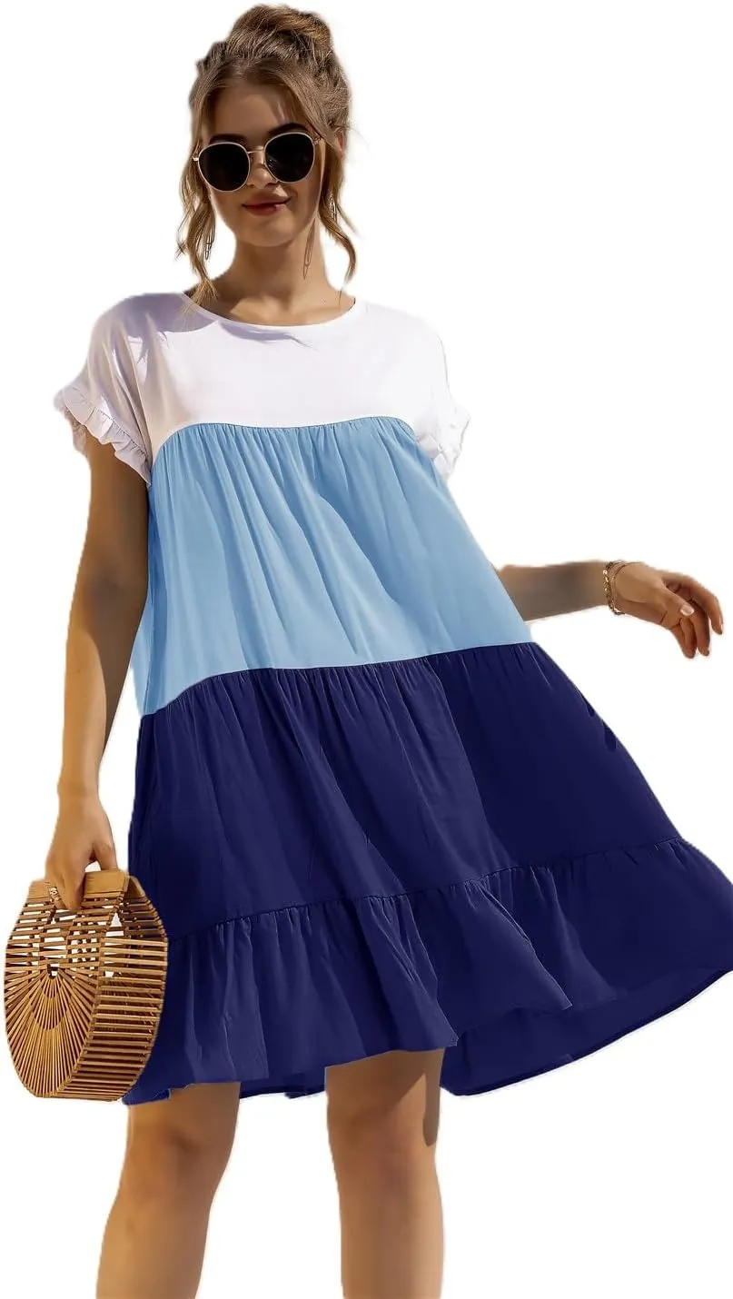Women's Colorblock Short Sleeve Loose Fit Tiered Ruffle Pleated Baby Doll Mini Dress