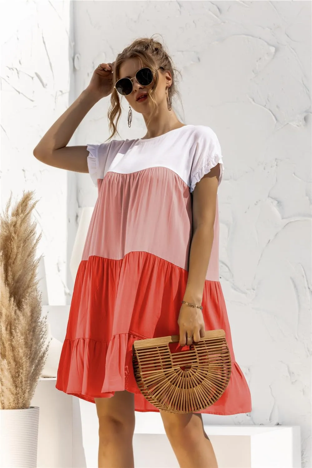 Women's Colorblock Short Sleeve Loose Fit Tiered Ruffle Pleated Baby Doll Mini Dress