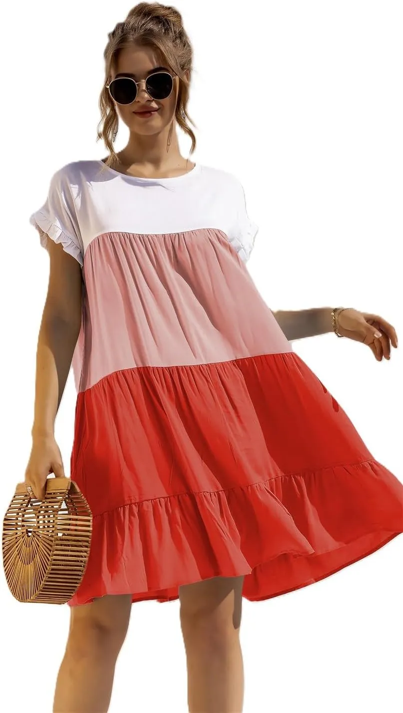 Women's Colorblock Short Sleeve Loose Fit Tiered Ruffle Pleated Baby Doll Mini Dress