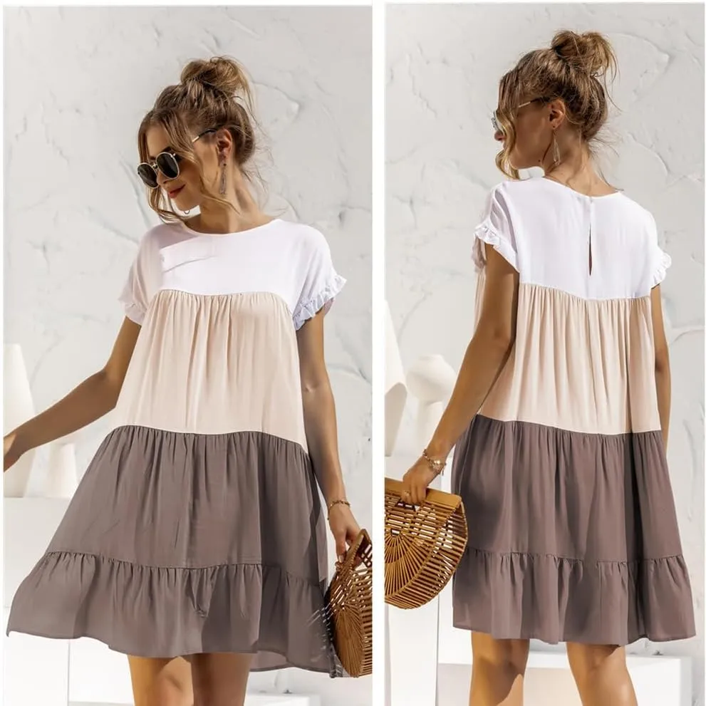 Women's Colorblock Short Sleeve Loose Fit Tiered Ruffle Pleated Baby Doll Mini Dress