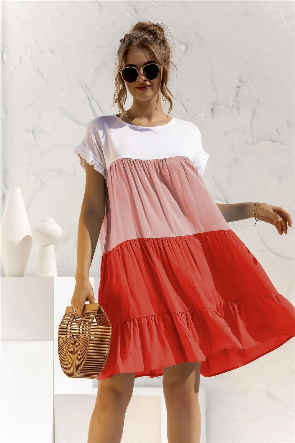 Women's Colorblock Short Sleeve Loose Fit Tiered Ruffle Pleated Baby Doll Mini Dress