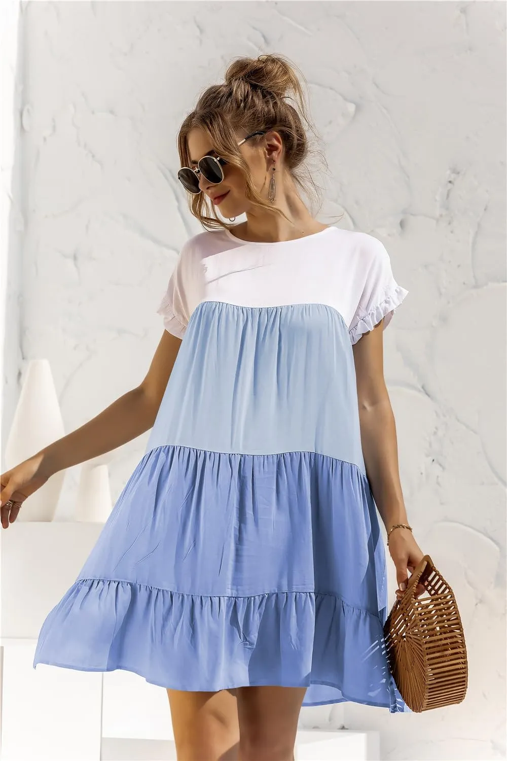 Women's Colorblock Short Sleeve Loose Fit Tiered Ruffle Pleated Baby Doll Mini Dress