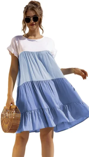 Women's Colorblock Short Sleeve Loose Fit Tiered Ruffle Pleated Baby Doll Mini Dress