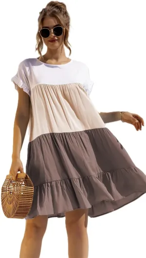Women's Colorblock Short Sleeve Loose Fit Tiered Ruffle Pleated Baby Doll Mini Dress
