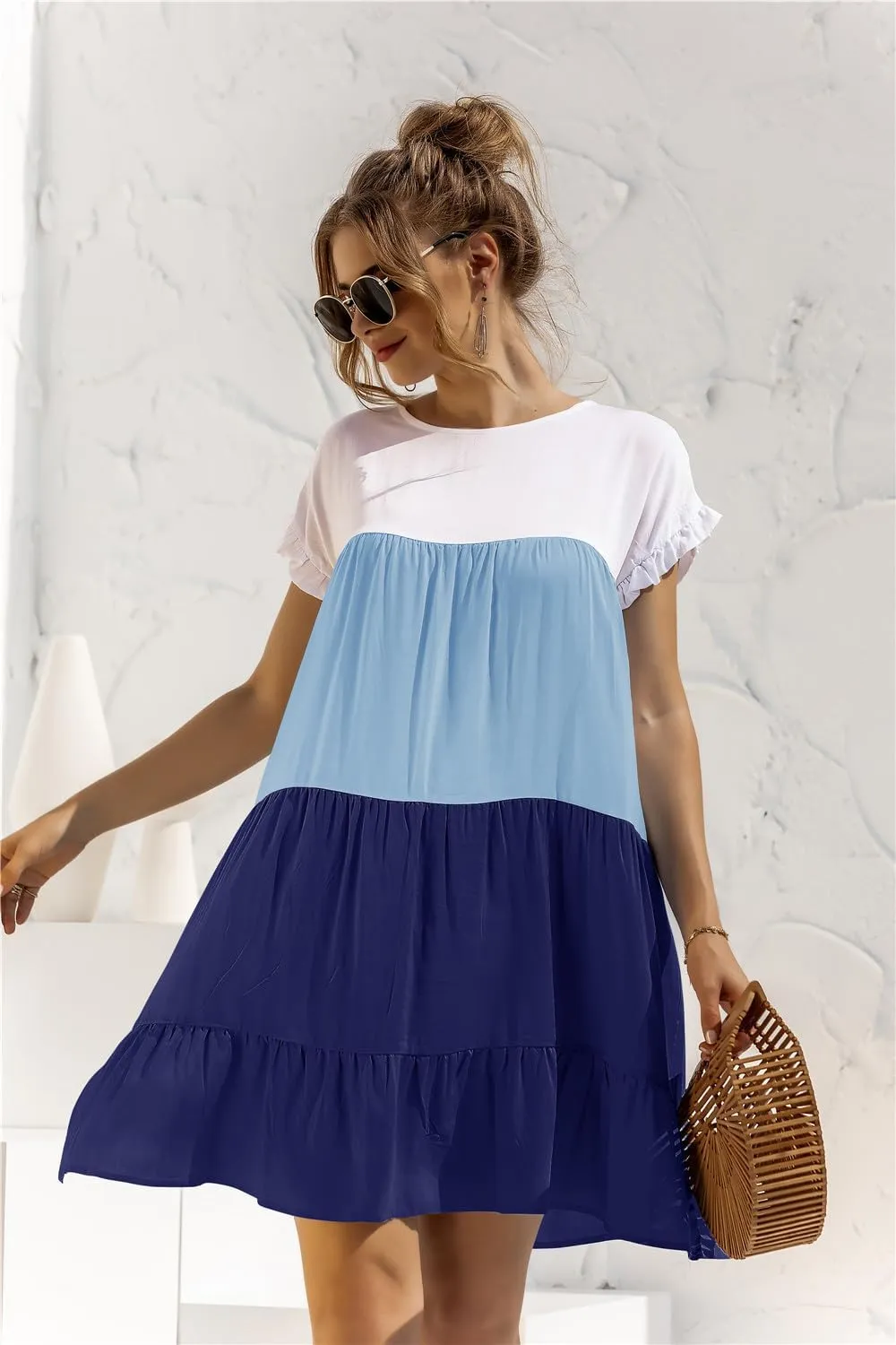 Women's Colorblock Short Sleeve Loose Fit Tiered Ruffle Pleated Baby Doll Mini Dress
