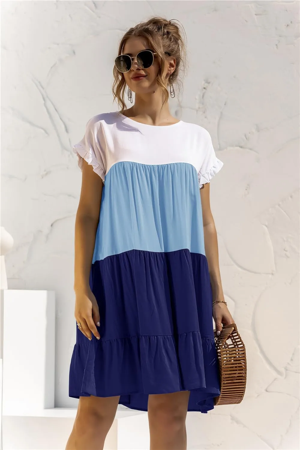 Women's Colorblock Short Sleeve Loose Fit Tiered Ruffle Pleated Baby Doll Mini Dress