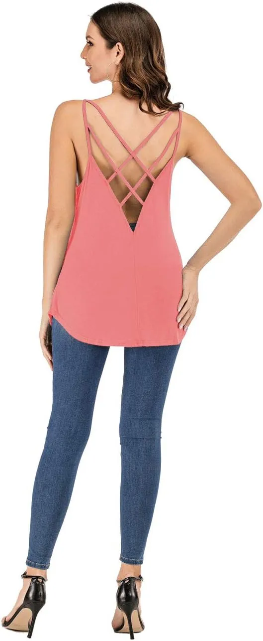 Women's Cute Criss Cross Back Tank Tops Loose Hollow Out Camisole Shirt