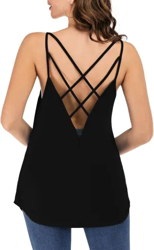 Women's Cute Criss Cross Back Tank Tops Loose Hollow Out Camisole Shirt