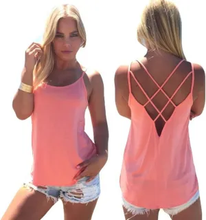 Women's Cute Criss Cross Back Tank Tops Loose Hollow Out Camisole Shirt
