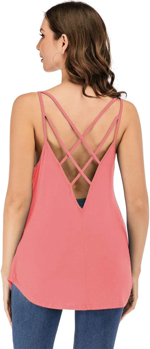 Women's Cute Criss Cross Back Tank Tops Loose Hollow Out Camisole Shirt