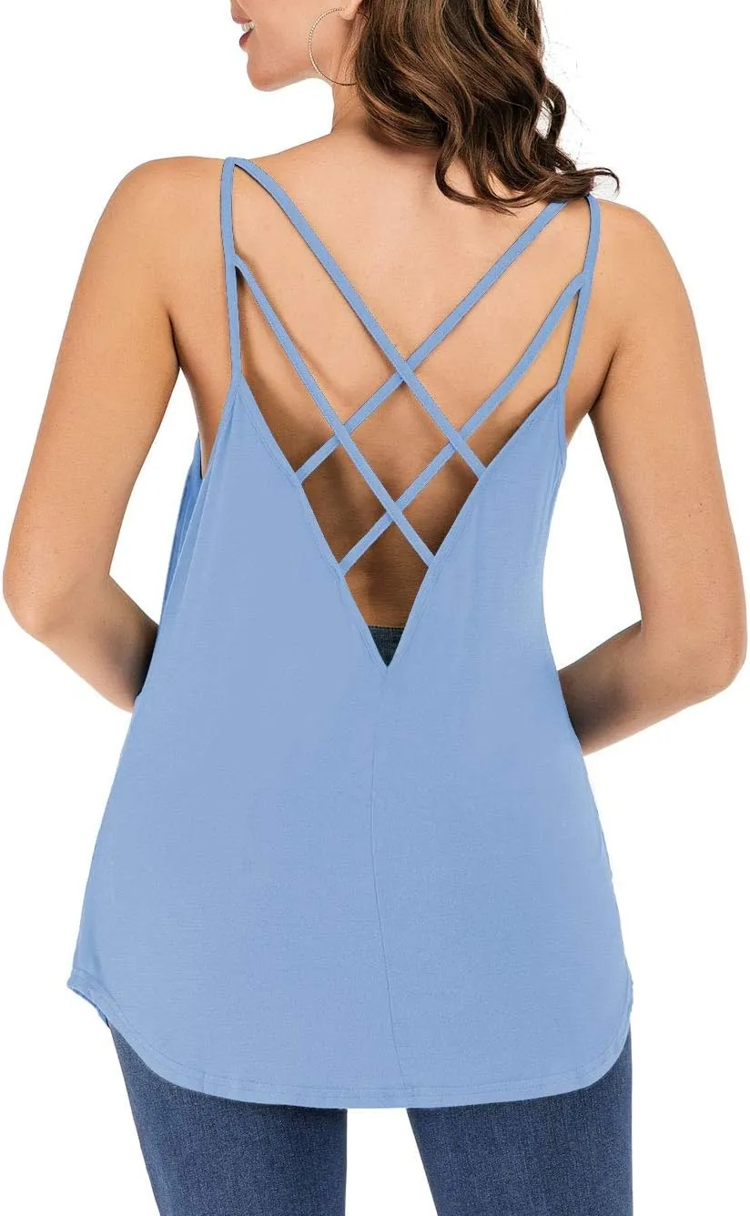 Women's Cute Criss Cross Back Tank Tops Loose Hollow Out Camisole Shirt