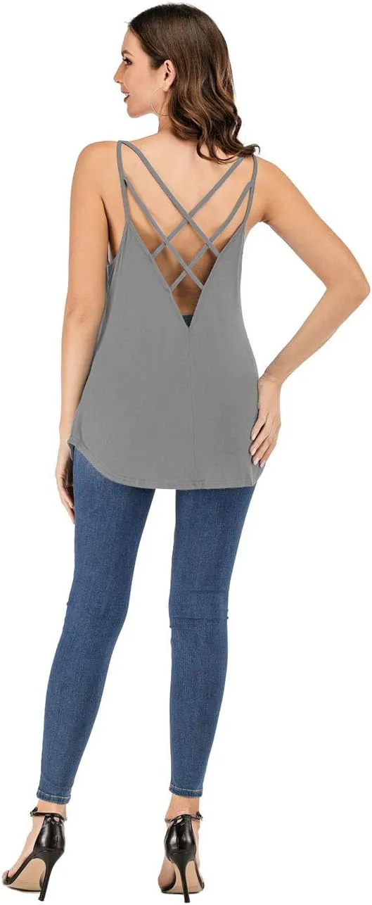 Women's Cute Criss Cross Back Tank Tops Loose Hollow Out Camisole Shirt