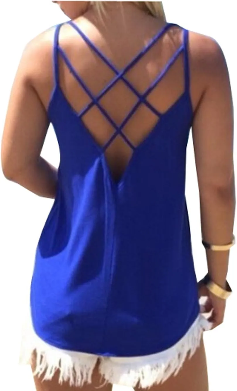 Women's Cute Criss Cross Back Tank Tops Loose Hollow Out Camisole Shirt