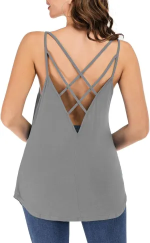 Women's Cute Criss Cross Back Tank Tops Loose Hollow Out Camisole Shirt
