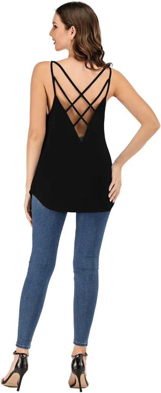Women's Cute Criss Cross Back Tank Tops Loose Hollow Out Camisole Shirt