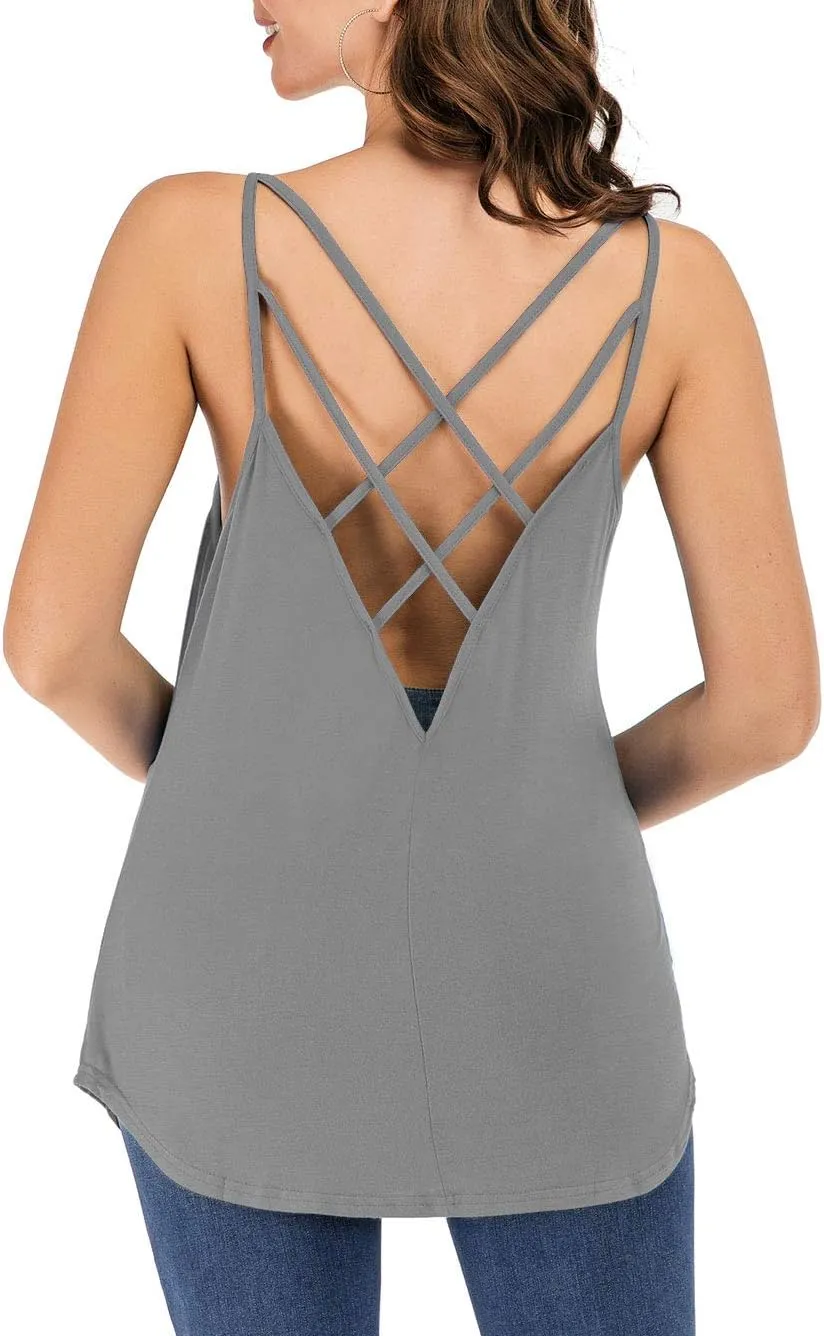 Women's Cute Criss Cross Back Tank Tops Loose Hollow Out Camisole Shirt