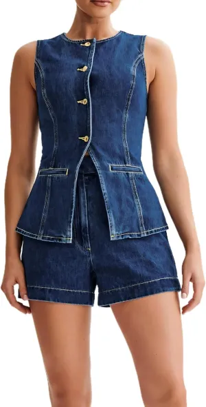 Womens Denim 2 Piece Set Sleeveless Button Down Vest Tops Short Pants Suit Sets
