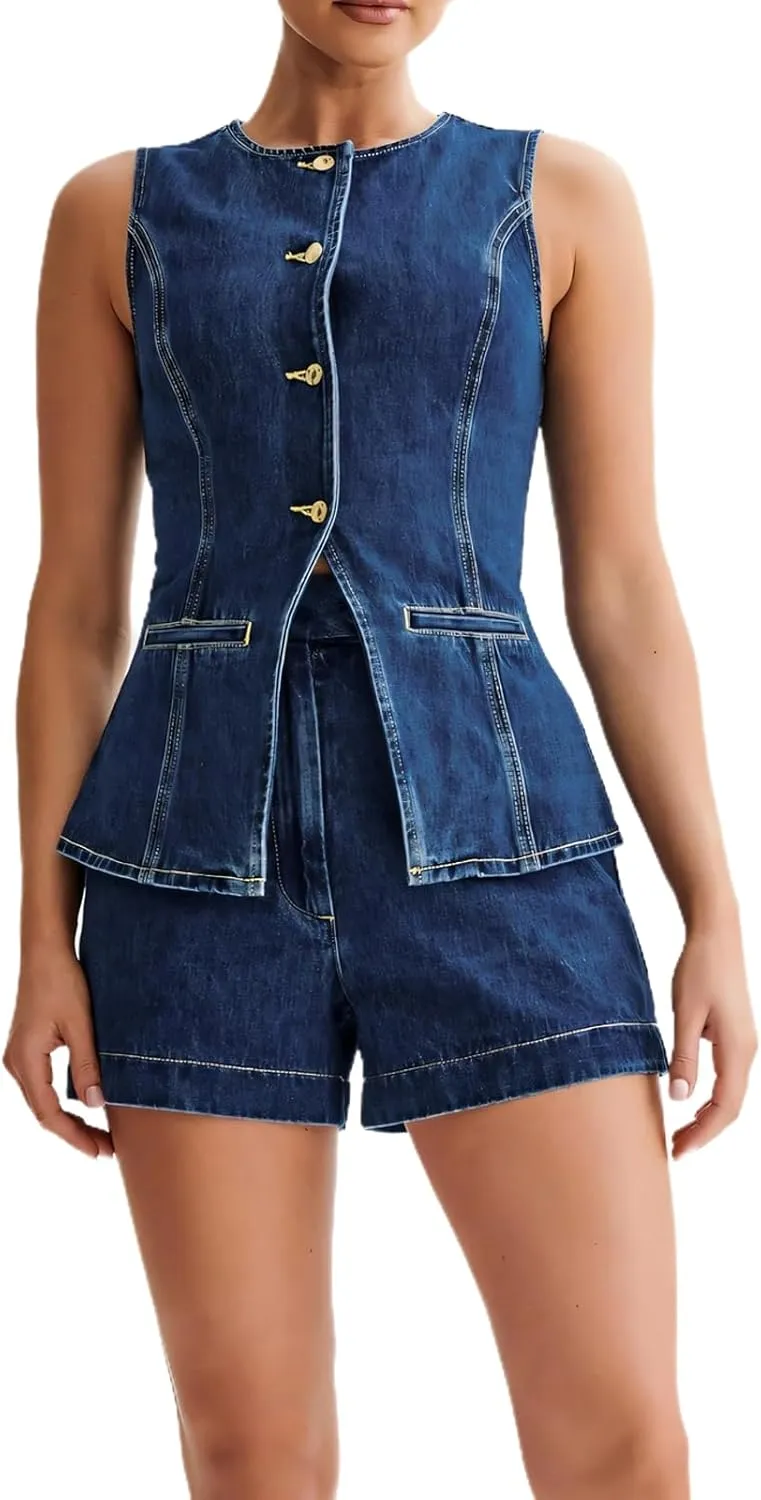 Womens Denim 2 Piece Set Sleeveless Button Down Vest Tops Short Pants Suit Sets