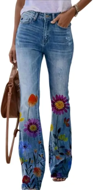 Womens Denim Printed Floral Graphic Elastic Waist Palazzo Pants Casual Loose Wide Leg Zipper Trousers with 2 Pockets