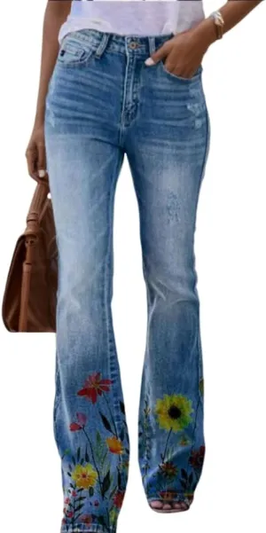 Womens Denim Printed Floral Graphic Elastic Waist Palazzo Pants Casual Loose Wide Leg Zipper Trousers with 2 Pockets