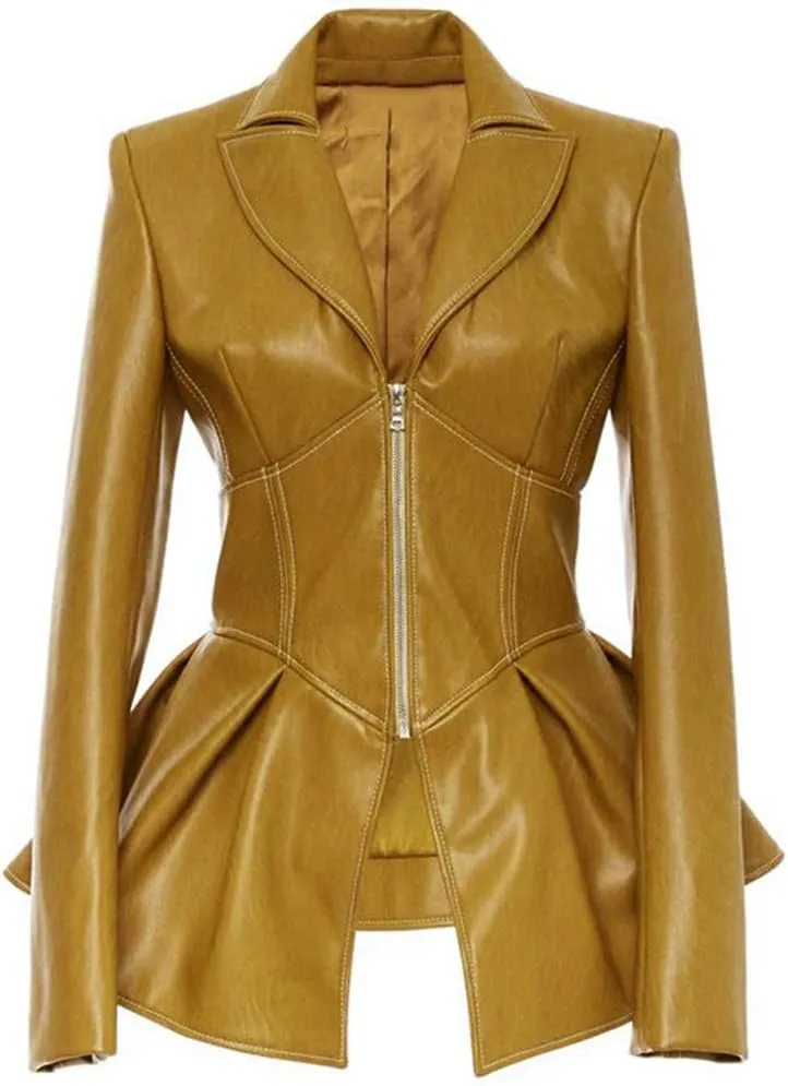 Women's Fashion Perfectly Shaping Zip Up Long Sleeves Faux Leather Biker Jacket