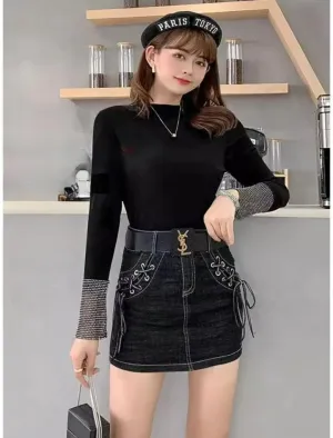 Women's Fashionable high Waisted Slim fit A-line Skirt, Tied Bow Denim Skirt.