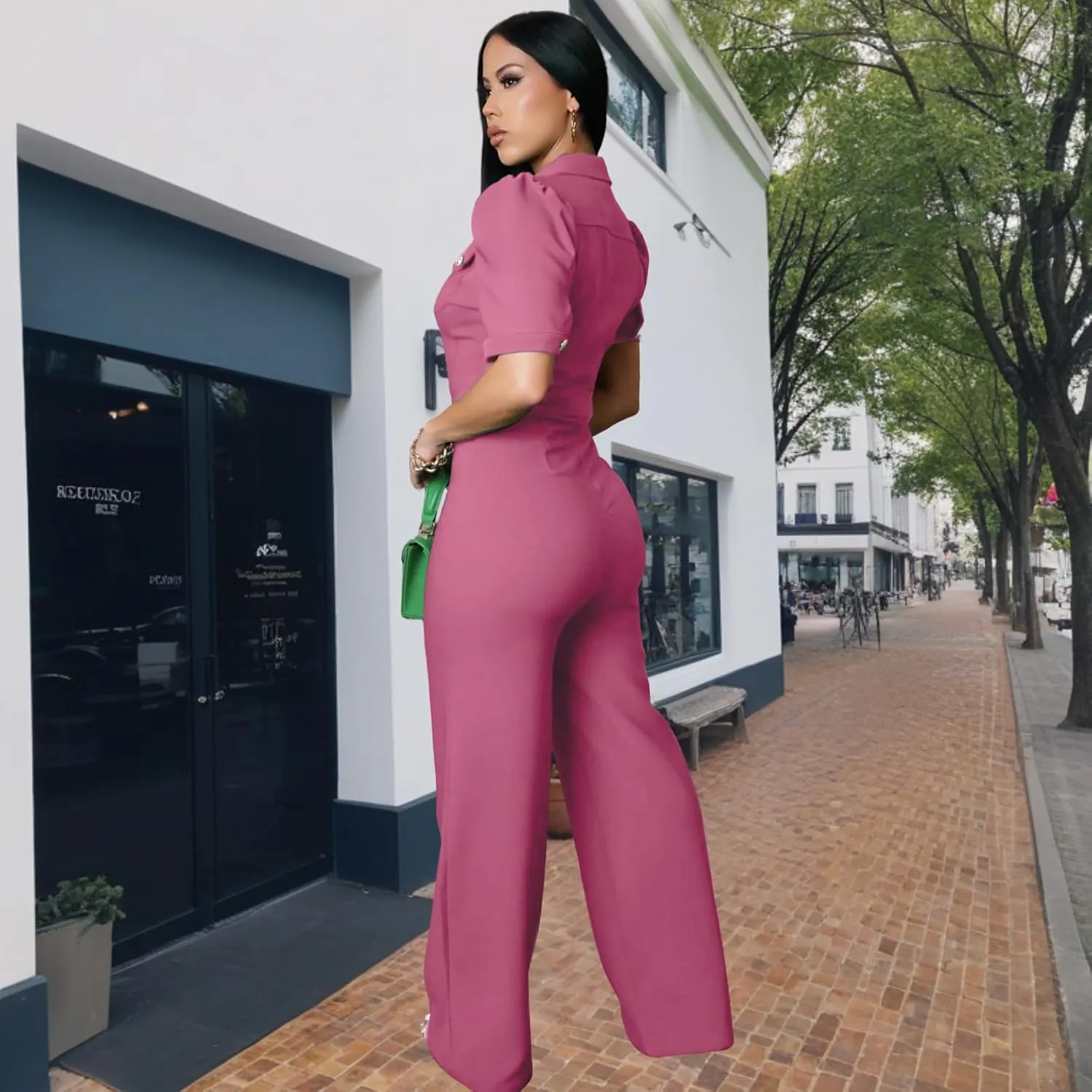 Women's fashionable, sexy, elegant, high waisted, wide leg pants, club business party button jumpsuit