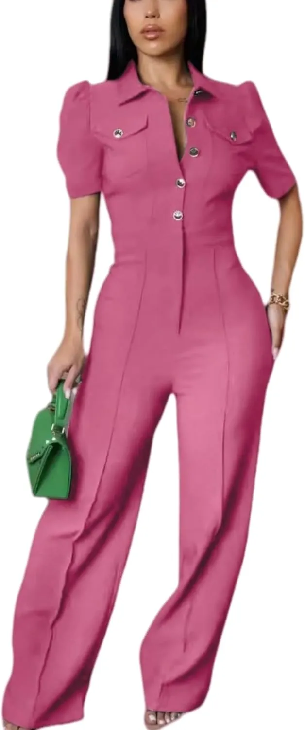 Women's fashionable, sexy, elegant, high waisted, wide leg pants, club business party button jumpsuit