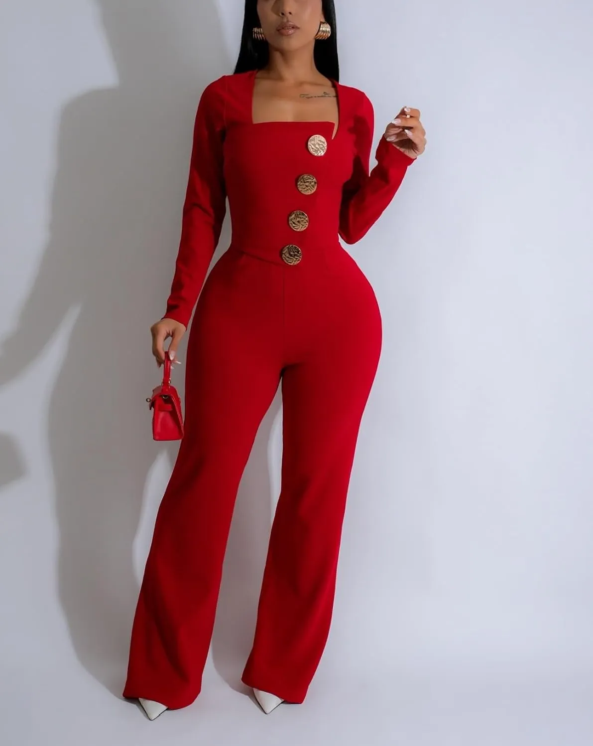 Women's fashionable, sexy, elegant, high waisted, wide leg pants, club business party button jumpsuit