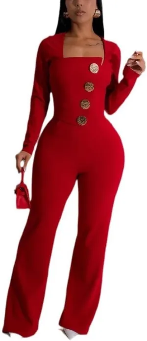 Women's fashionable, sexy, elegant, high waisted, wide leg pants, club business party button jumpsuit