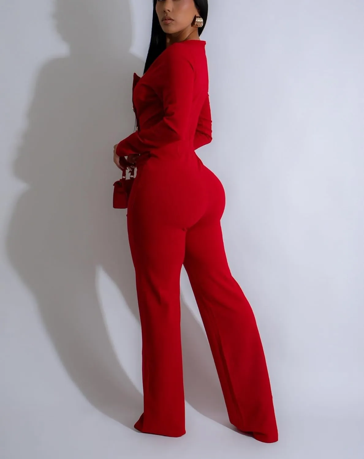 Women's fashionable, sexy, elegant, high waisted, wide leg pants, club business party button jumpsuit