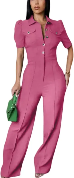Women's fashionable, sexy, elegant, high waisted, wide leg pants, club business party button jumpsuit