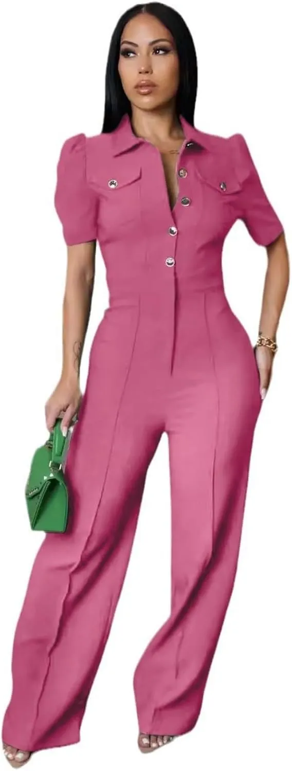 Women's fashionable, sexy, elegant, high waisted, wide leg pants, club business party button jumpsuit