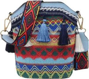 Women's Fashionable Woven Single-Shoulder Bucket Bag with Tassels, Water Ripple Design, Adjustable Wide Strap
