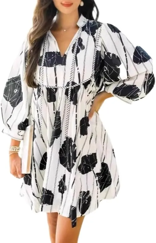 Womens Floral Babydoll Mini Dress Tie V Neck Long Puff Sleeve Short Ruffle Dress Casual Flowy Boho Dress
