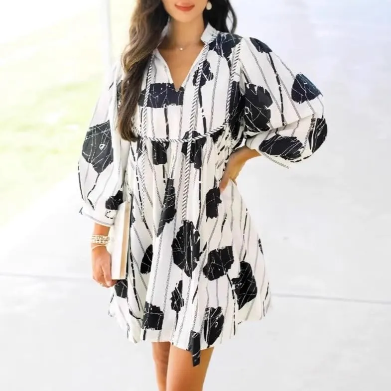 Womens Floral Babydoll Mini Dress Tie V Neck Long Puff Sleeve Short Ruffle Dress Casual Flowy Boho Dress