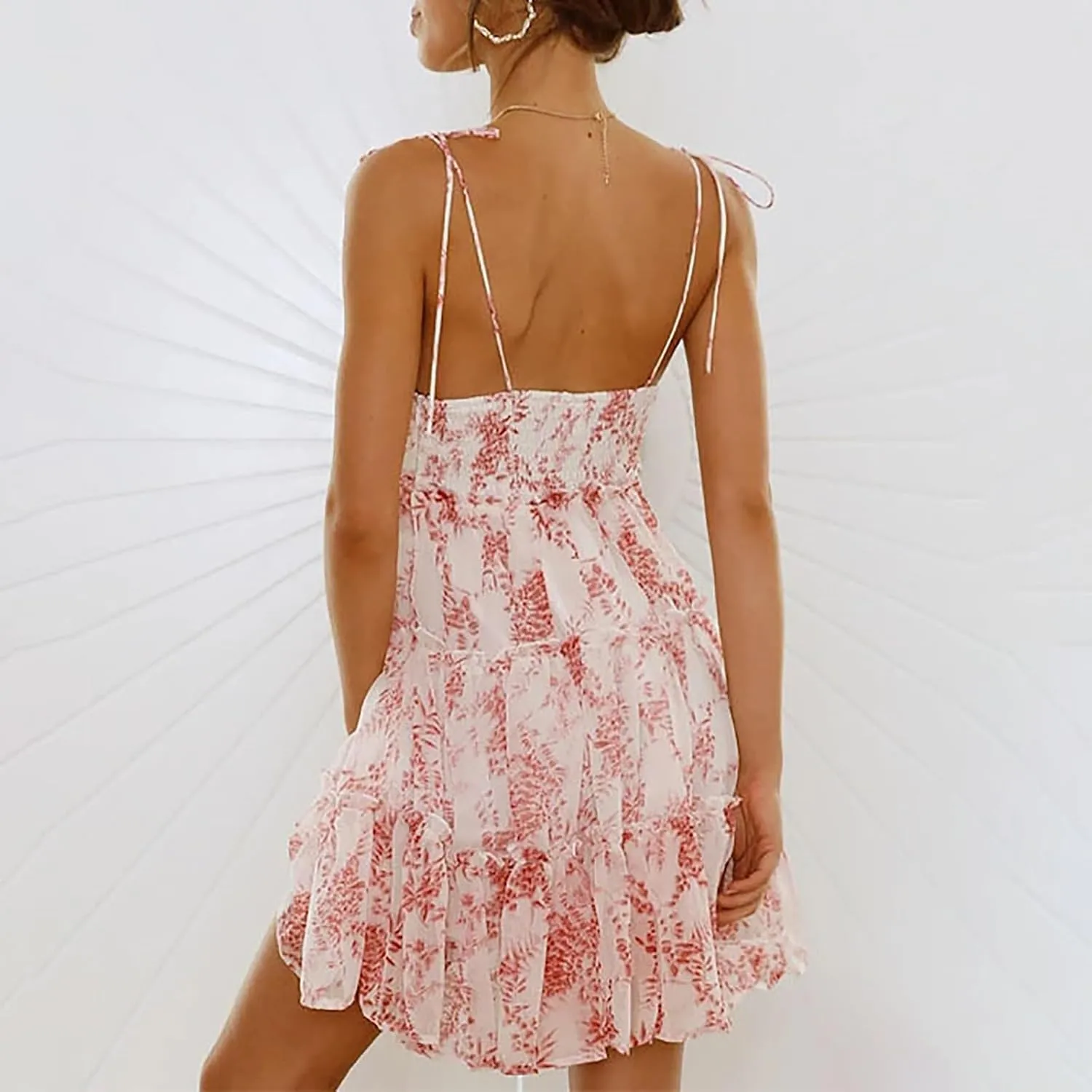 Womens Floral Dress Summer Backless Spaghetti Strap Dress Sexy Sleeveless Mini Dress Tiered Ruffle Flowy Dress