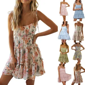 Womens Floral Dress Summer Backless Spaghetti Strap Dress Sexy Sleeveless Mini Dress Tiered Ruffle Flowy Dress