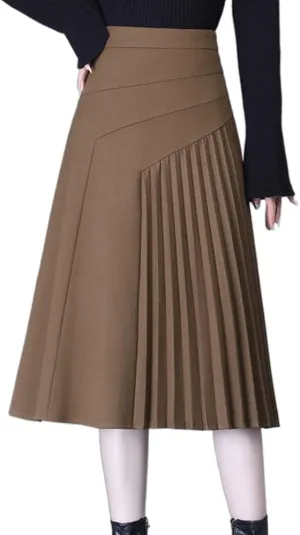 Womens High Waist Midi Long Pleated Skirt A Line Swing Skirt in Winter (4XL,Brown,4X-Large)
